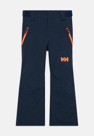 Pantalons isolés bleu marine avec des onglets de taille ajustables, poches zippées orange et logo "HH" orange sur la cuisse, adaptés aux sports d'hiver.