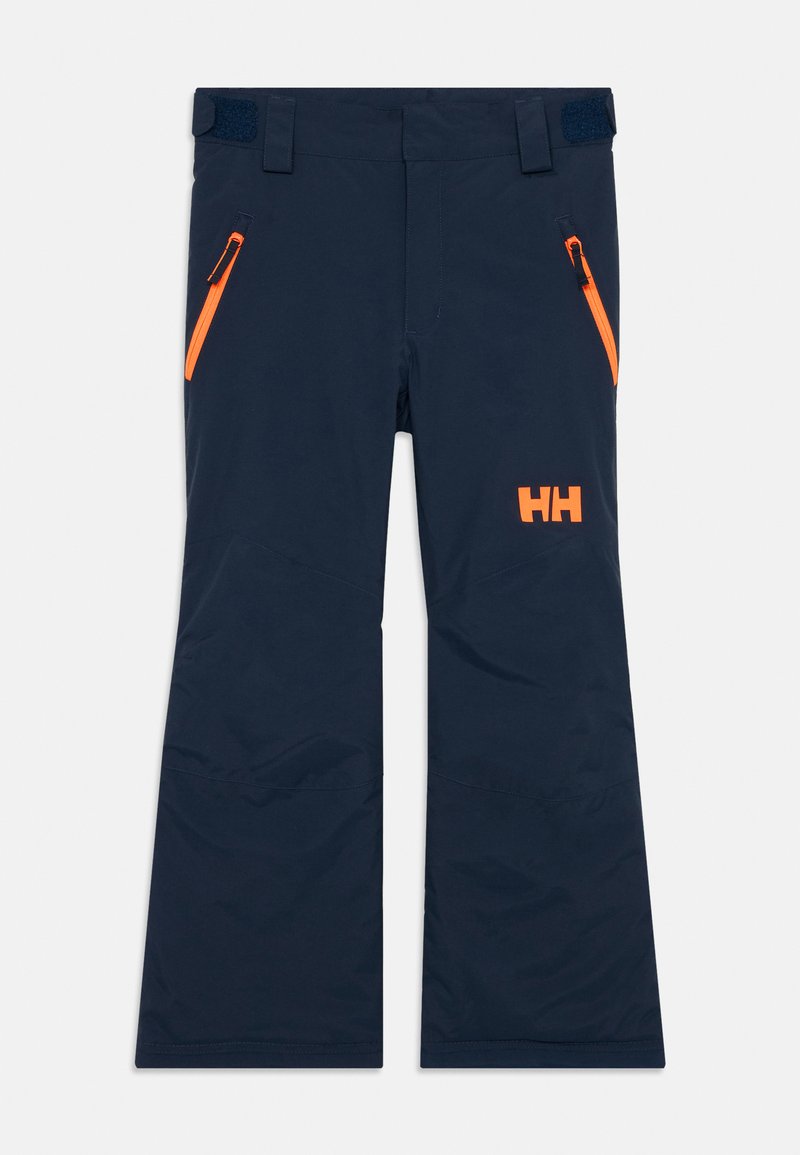 Temno modri izolirani hlače z nastavljivimi pasovnimi zankami, oranžnimi žepi na zadrgo in oranžno logotipom "HH" na stegnu, primerne za zimske športe.