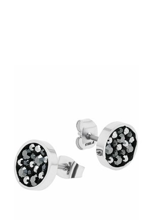 Zilveren ronde studs met zwarte en donkergrijze facetgeslepen kristallen in een cirkelpatroon, vastgezet met push-back sluitingen.