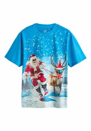 Blue cotton t-shirt featuring a graphic of Santa in a red suit and reindeer wearing sunglasses, set against a snowy background.