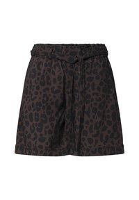 High-waisted dark brown shorts with black leopard print, fabric belt, and rolled hem detail.