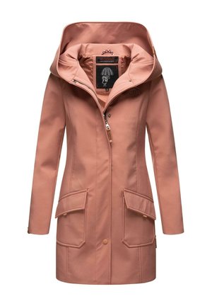 Veste imperméable mi-longue de couleur pêche douce. Dotée d'une grande capuche, de deux poches avant et d'une fermeture éclair argentée. Texture lisse.