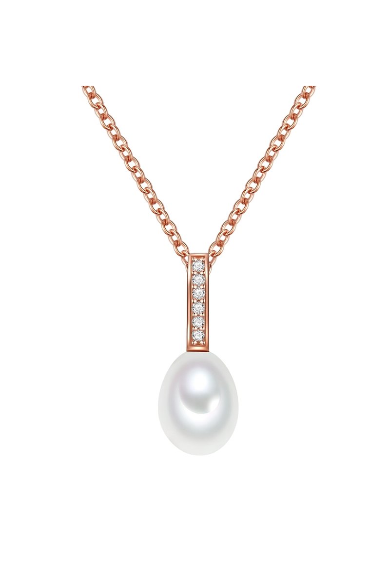 Rose gold kædedere med en dråbeperle vedhæng med en glat overflade, prydet med en lodret række af små klare ædelstene.