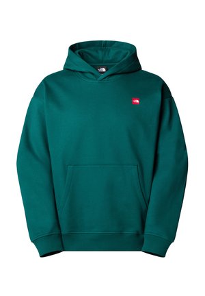 Teal hoodie i bomullsblandning med en framficka. Har ribbade mudd och nederkant, samt en liten röd logotyp på vänster bröst.