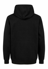 Zwarte hoodie met een zachte stofstructuur, een capuchon en ribbel manchetten en onderrand. Geen grafische ontwerpen of patronen aanwezig.