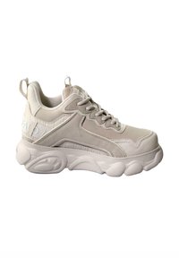 Chunky beige sneaker with textured accents, smooth suede and mesh materials, lace-up design, and a padded collar for comfort.