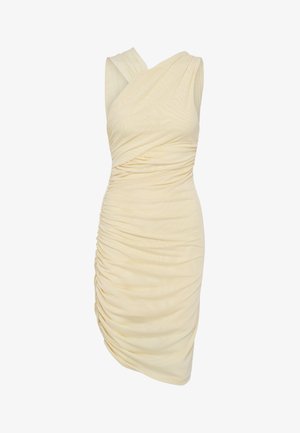 Sleeveless pale yellow ruched dress with asymmetrical neckline and gathered fabric detail along one side.