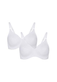 Two white bras with soft, molded cups, adjustable straps, and seamless construction, highlighting a smooth texture and simple design.