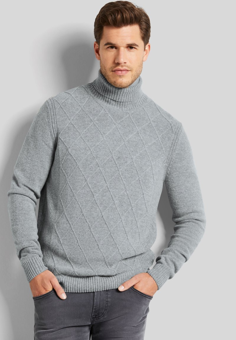 Grau gestrickter Rollkragenpullover mit einem Rautenmuster, gerippten Bündchen und Saum. Wärmendes Material mit einer sanften Textur. Ideal zum Schichten.