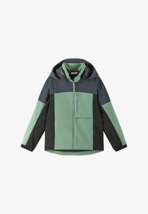 Hooded jacket with gray and green panels, front zipper, chest zip pocket, elastic cuffs, and black side panels.
