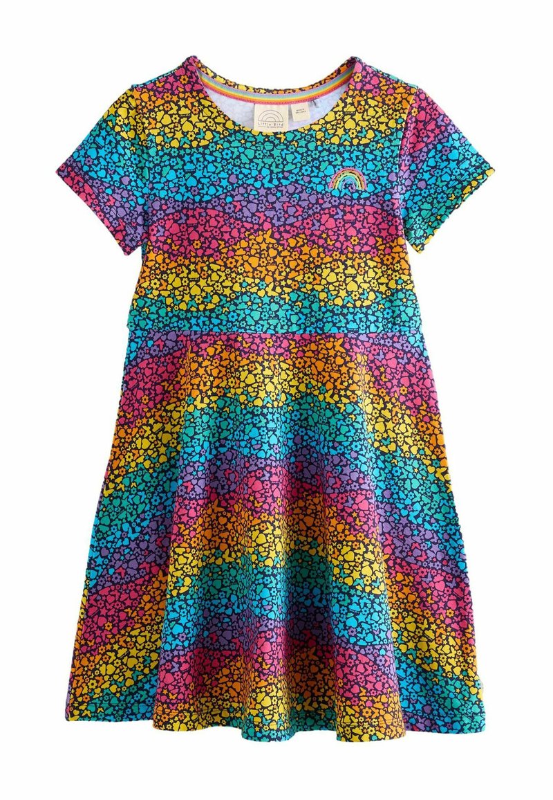 Baumwollkleid mit kurzen Ärmeln, das mit einem bunten Herzenmuster in Pink, Blau, Lila und Gelb verziert ist, und einem runden Ausschnitt.