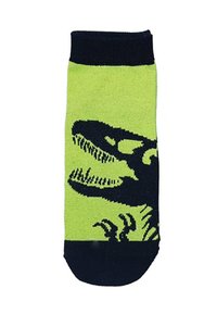 Grüne Socken mit einem schwarzen Dinosaurier-Graphic, geripptem Bund und glatter Textur, die ein T-rex-Design und Akzentmuster am Saum aufweisen.