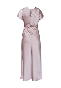Lång, rosa satinklänning med korta volangärmar, rund halsringning och knappstängning bak. Slät textur med en flödande design.