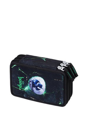 Black triple-zip pencil case with green lightning patterns and central circle showing a blue dragon illustration.