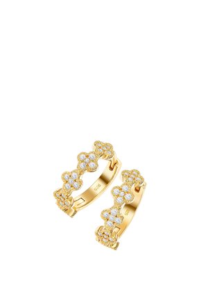 Gold hoop earrings decorated with clover-shaped clusters of small white gemstones, engraved with "925" inside.