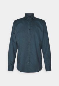 Langarmshirt in donker teal met een fijne gestreepte print. Heeft een button-down kraag en knopen aan de voorkant. Glad textuur en een getailleerde pasvorm.