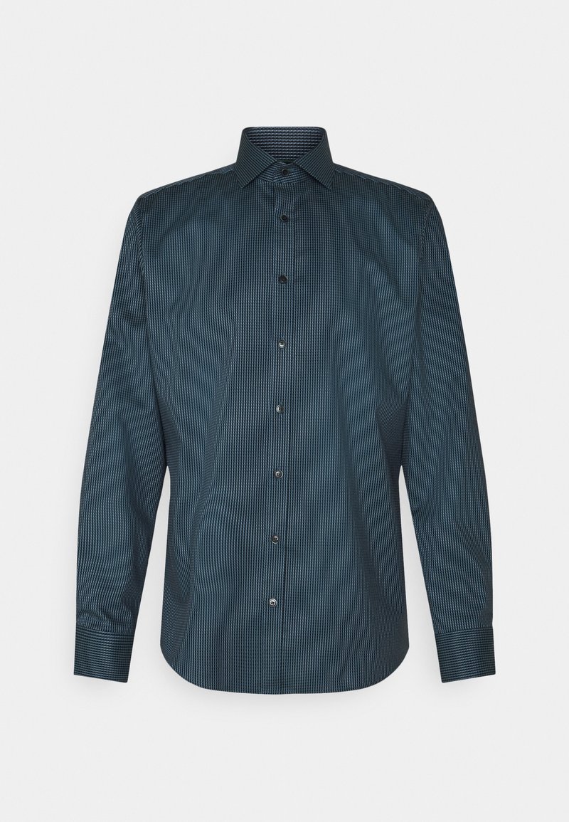 Langarmshirt in donker teal met een fijne gestreepte print. Heeft een button-down kraag en knopen aan de voorkant. Glad textuur en een getailleerde pasvorm.