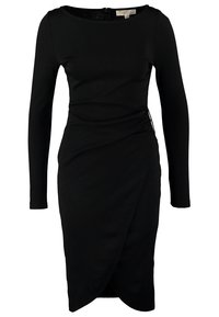 Černé šaty s dlouhým rukávem a lodičkovým výstřihem, s nařasenými detaily na straně a přiléhavou siluetou, vyrobené z hladk�é, elastické tkaniny.