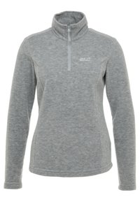 Szary polarowy sweter z wysokim kołnierzem i półzamkiem. Posiada subtelną strukturę i zawiera małe białe logo na górnej lewej stronie.