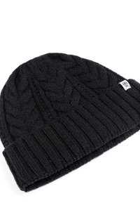 Black knit beanie with a textured cable pattern on top and ribbed cuff. Made of wool-like material, featuring a small tag on the side.