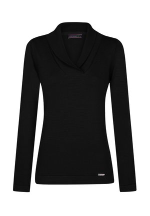 Pull noir à manches longues avec un col châle et une texture côtelée ; design ajusté ; petite étiquette logo en bas.