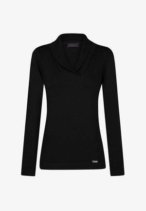 Pull noir à manches longues avec un col châle et une texture côtelée ; design ajusté ; petite étiquette logo en bas.