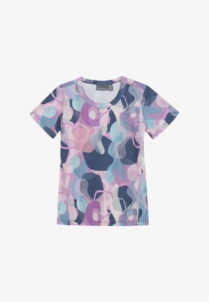 Kurzes T-Shirt aus weichem, atmungsaktivem Stoff, mit einem bunten abstrakten Design, das Kreise in rosa, blau und marineblauen Tönen zeigt.