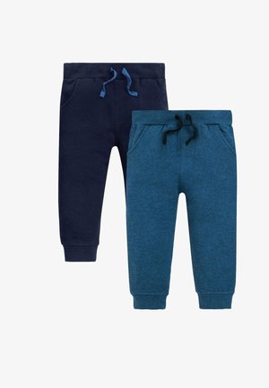 To par bukser til småbørn, én marineblå og én blågrøn, begge med elastisk talje og snøre.