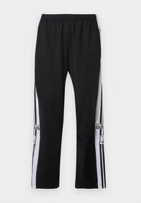 Čierne športové nohavice s bielymi bočnými pásmi, elastickým pásom a detailom loga. Vyrobené z hladkého, ľahkého materiálu.