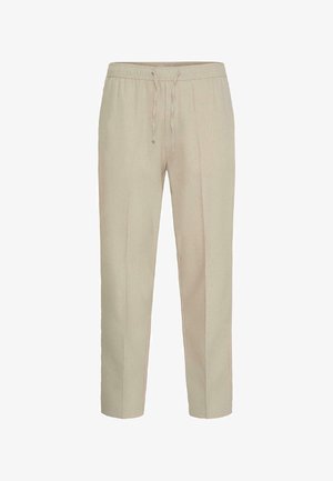 Bež hlače z vrvico za zavezovanje in elastičnim pasom, sprednje gube in ravnim krojem nogavic.