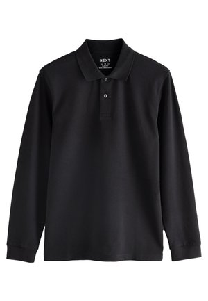 Polo noir slim fit à manches longues avec col et deux boutons, confectionné dans un tissu doux.