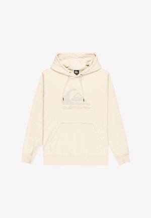 Krémová mikina s kapucňou vyrobená z mäkkého materiálu, s prednou kapsou, stiahovacou kapucňou a veľkým šedým logom Quiksilver na hrudi.