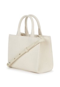 Borsa in tela color crema con doppio manico, una tracolla removibile e chiusura con zip. Presenta una forma rettangolare strutturata.