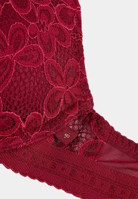 Bordeaux blondedragt med blomsterdesign, tekstureret mesh og en ribbet kant med gyldent hardware. Detaljeret syning langs kanterne.