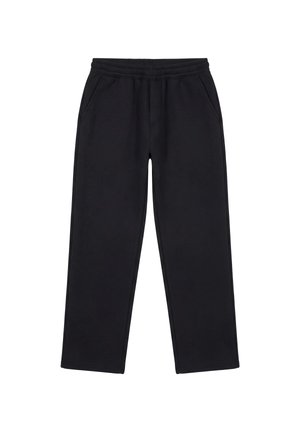 Black casual sweatpants with elastic waistband and side pockets, straight leg cut, displayed on white background.