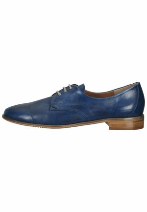 Blaue Leder-Dressschuhe mit runder Zehenform, Schnürverschluss und Holzabsatz. Eine glatte Textur und klare Linien prägen das Design.