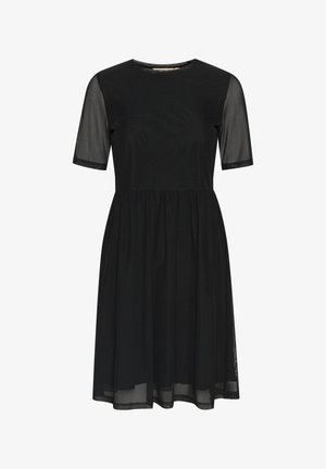 Vestido negro con un escote redondo, mangas cortas transparentes y una falda acampanada. Confeccionado con una tela suave y un diseño en capas.