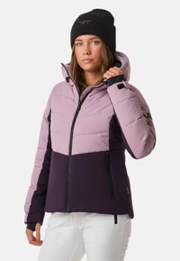 Wärmdämmende, zweifarbige Daunenjacke in helllila und dunkel-lila mit einem Reißverschluss vorne, Kapuze und Reißverschlusstaschen; strukturiertes, isoliertes Material.