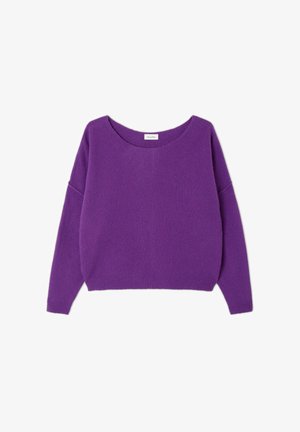Vijolična pletena jopica z širokim zaobljenim izrezom, spuščenimi rameni in sproščenim krojem. Mehka tekstura, rebrast rob in dolge rokave.