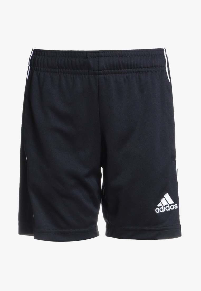 Pantalones cortos deportivos negros de Adidas con cintura elástica y logotipo blanco en la parte inferior de la pierna derecha.