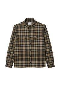 Rutig skjorta i bruna och svarta toner, tillverkad av vävt tyg. Har en knäppning framtill, två bröstfickor och signaturlogga.