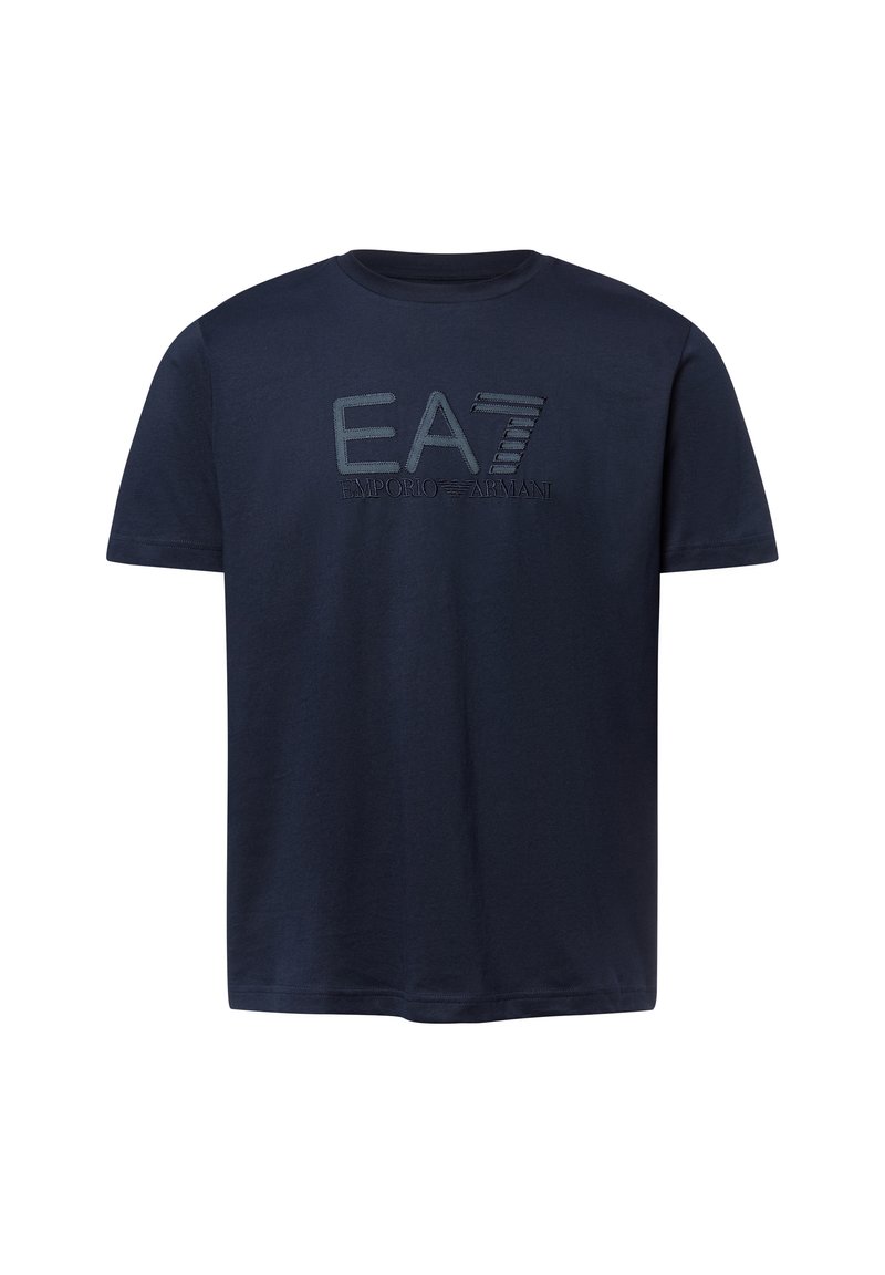 Marineblauwe katoenen T-shirt met korte mouwen, voorzien van een geborduurd "EA7 Emporio Armani" logo in een iets lichtere tint.