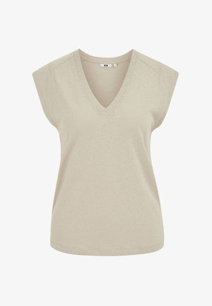 Beiges ärmelloses Damenoberteil mit V-Ausschnitt, breit über den Schultern und locker sitzend.