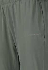 Närbild av grågröna träningsshorts med elastiskt midjeband, sidoficka och "ENDURANCE"-logotyp tryckt nära fickan.