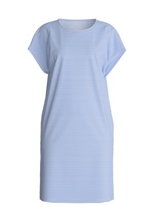 Blue and white horizontally striped short-sleeve dress with a round neckline and a relaxed fit.