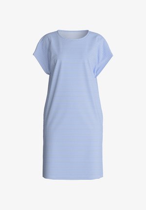 Blue and white horizontally striped short-sleeve dress with a round neckline and a relaxed fit.