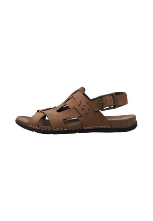 Sandalia de hombre de cuero marrón con tiras trenzadas, hebilla ajustable, plantilla de corcho acolchada y suela de goma negra, mostrada de perfil.