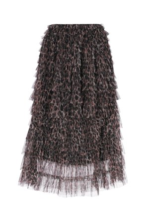 Leopard print layered tulle midi skirt with ruffled tiers and a sheer hem on a white background.