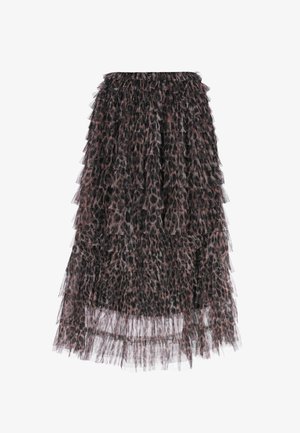 Spódnica midi z warstwowego tiulu w print w panterkę, z falbaniastymi poziomymi warstwami i przezroczystym dołem na białym tle.