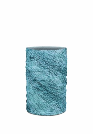 Fascia tubolare per il collo azzurro chiaro con motivi a strisce astratte nere e piccolo logo rotondo "Buff" vicino al bordo superiore.